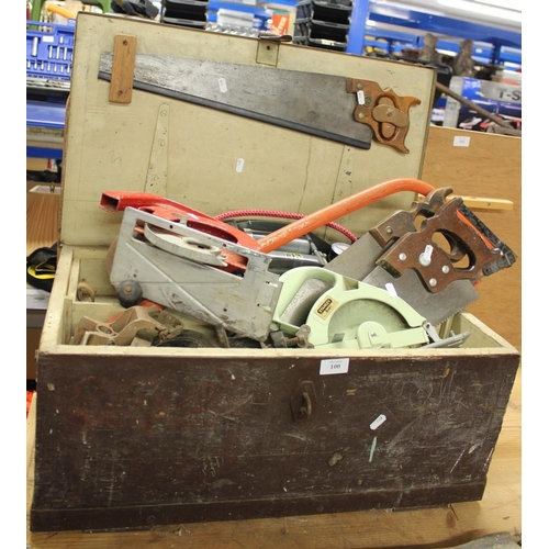 100 - Large Wooden Box with Contents- Saws, Bike Pump Etc.