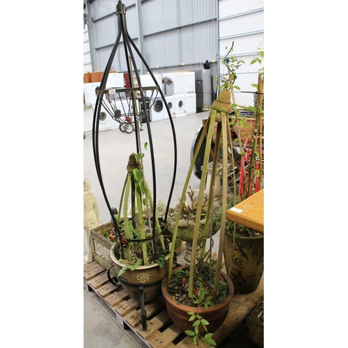 118 - Two Planters with Plants, One on Metal Stand with Metal Obelisk