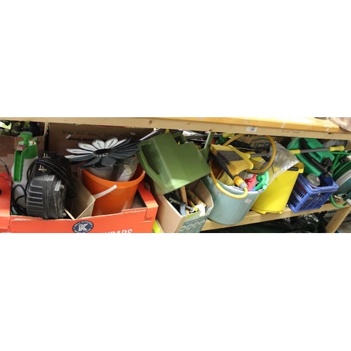 121 - Five Boxes Assorted Tools, Garden Ornament, Watering Can, Petrol Can, Hose Reel etc.