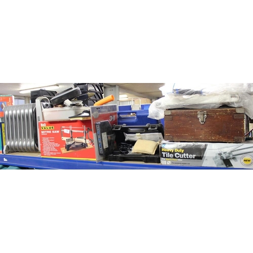 179 - Mitre Saw, Tile Cutters, Electric Oil Heater, Wooden Box, Cable Reel, Electric Screwdriver etc