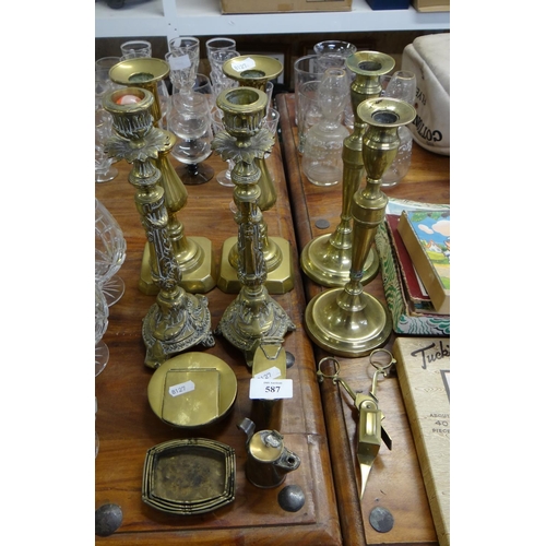 587 - 3 Pairs of Brass Candlesticks, Antique Brass Box, Candle Snuffer & Miniature Oil Lamp, etc