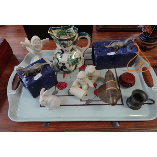 599 - Tray - Masons Jug, Snow Babies, Selangor Pewter Otters, Royal Copenhagen Rabbit, etc