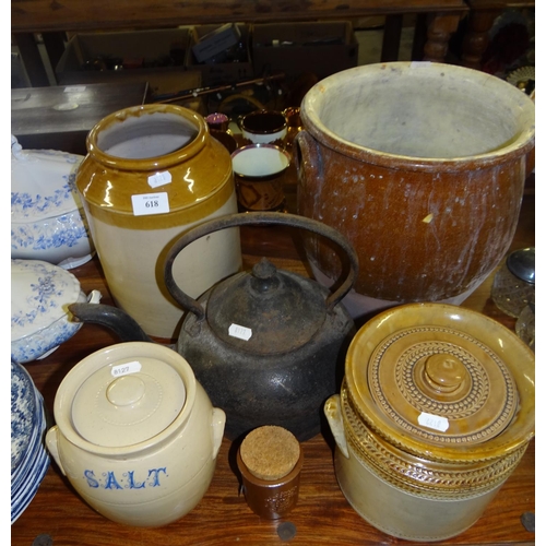 618 - Iron Tea Pot & Assorted Glazed Pottery Salt Jars