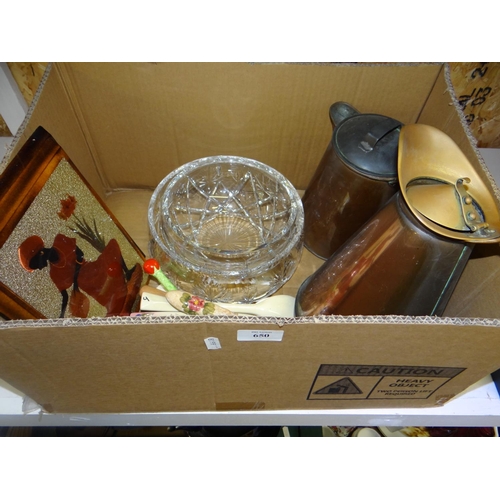 650 - Box - Two Copper Jugs, Two Crystal Fruit Bowls, Ceramic Serving Spoons, etc