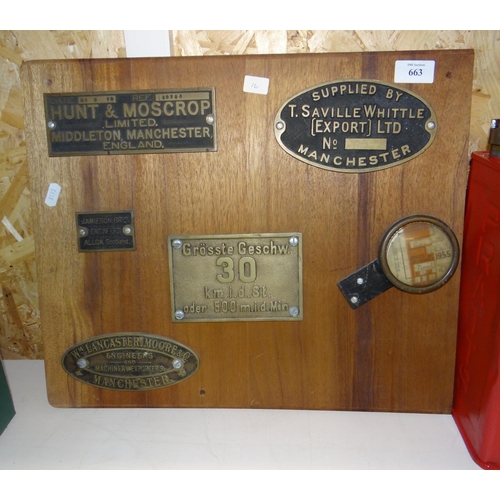 663 - Board Containing Vintage Brass Plaques and Tax Disc