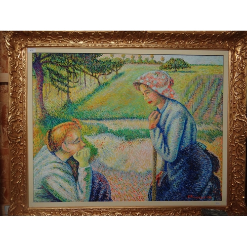 675 - Gilt Framed Oil on Canvas - Two Ladies Conversing in Field - Signed C Pissazzd - penned on reverse 