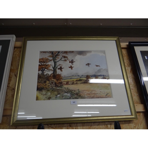 685 - Gilt Framed Watercolour - Rural Landscape - Pheasants in Flight by R Millikan