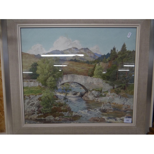 691 - Framed Water Colour Highland Landscape - Bridge in Foreground. 53 X 46 Signed A P Thomson