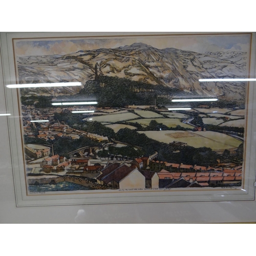 696 - Framed Water Colour - View of the Ochil Hills, Wallace Monument & Old Stirling Bridge. Indistinct Si... 