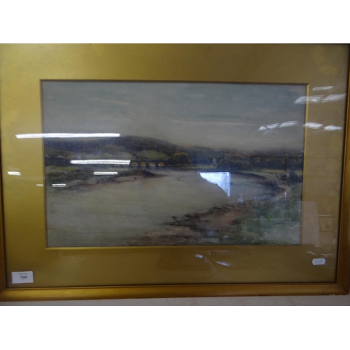 709 - Framed Victorian Water Colour - River Scene with Bridge in Distance - indistinct Signature - 47 x 30... 