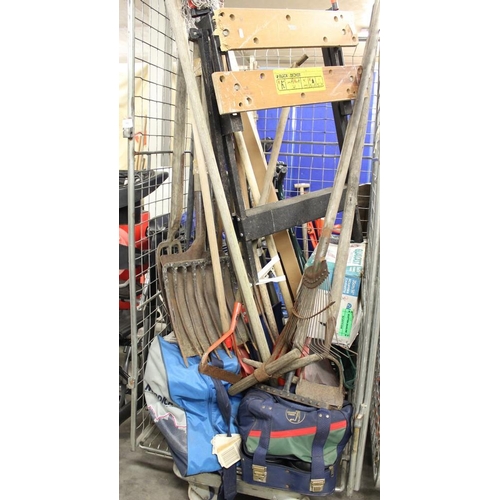 90 - Cage of Assorted Garden Tools, Bowls, Workbench etc
