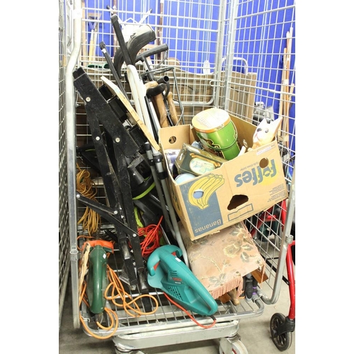 91 - Cage of Assorted Garden Tools, Strimmers, Advertising Tins, Roof Bars, Walking Sticks etc