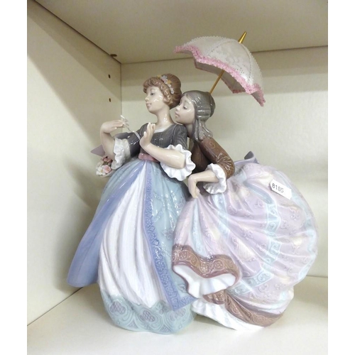 1003 - Lladro Porcelain Figure Group - Two Young Girls Studying Flower Under a Parasol, approx 28cm tall ov... 
