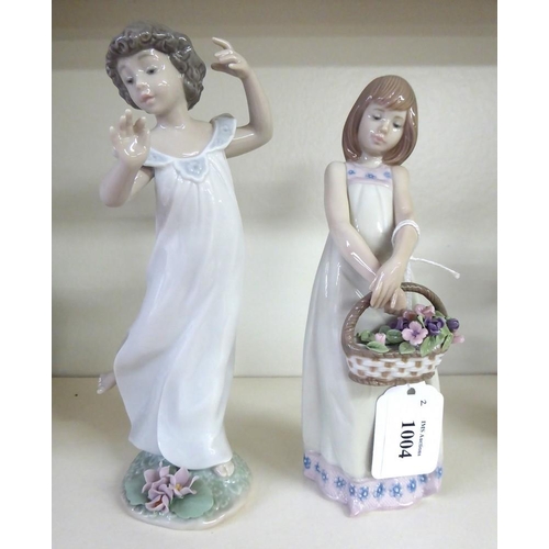 1004 - 2 x Lladro Porcelain Figurines - Young Dancer & Girl Holding Basket of Flowers, tallest figure appro... 