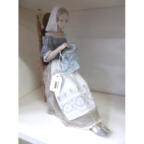 1009 - Large Lladro Porcelain Figurine - Lady Sewing Lace, approx 28cm tall.
