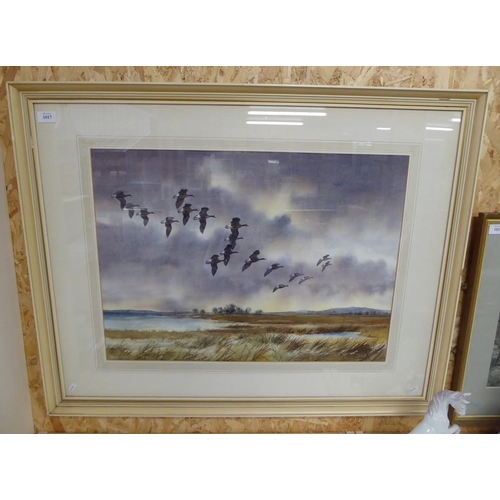 1017 - Framed Irish Watercolour - Evening Flight of Geese setting down in Marshland, signed R W Milliken, a... 