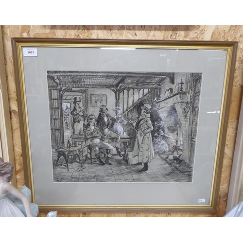 1019 - Vernon Ward Charcoal Sketch - Inn Scene with Ghostly Figures around Fire, signed and dated (1955) ap... 