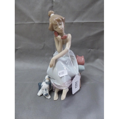 1023 - Lladro Porcelain Figurine - 5466 Young Girl with Dog, approx 20cm tall.