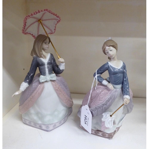1025 - Two Lladro Porcelain Figurines - Female Figures with Parasols, approx 22cm tall overall.