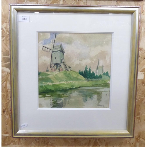 1065 - Framed Watercolour - Windmills by River by F Dunnett, approx 26 x 28cm.