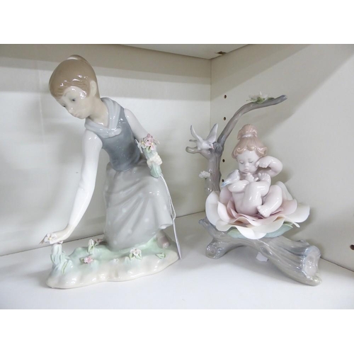 1071 - 2 x Lladro Porcelain Figurines - Baby Sitting in Flower & Girl Picking Flowers, approx 21cm tall.