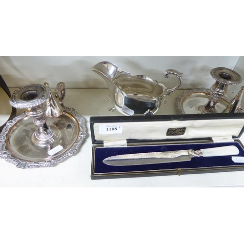 1108 - Pair of Silverplated Chamber Candlesticks, Sauceboat & Cased Cake Knife.