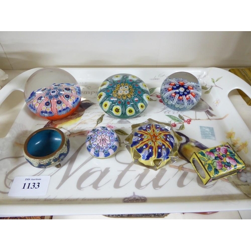 1133 - Tray Lot - Assorted Glass Paperweights, Chinese Enamel Vesta Holder, Small Cloisonne Pot.