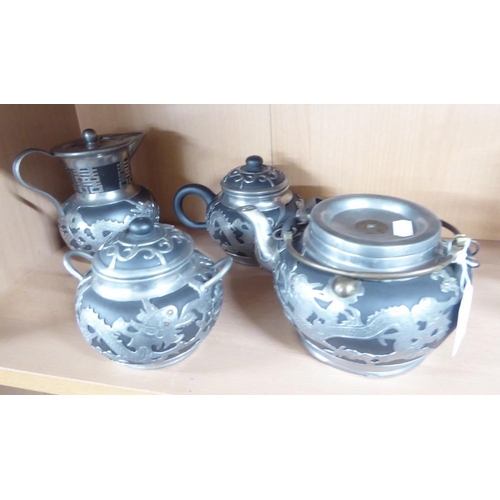 1142 - Four Piece Chinese Pewter Mounted Pottery Tea Service, with Dragon decoration.
