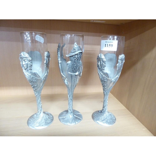 1159 - Three Pewter Alloy Mounted Lord of the Rings Wine Glasses.