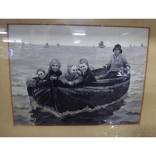 1161 - Vintage Framed Machine Embroidered Panel, depicting children on small boat.