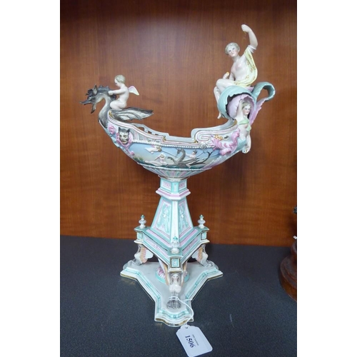 1506 - Antique Continental Porcelain Dragon Boat Centrepiece, approx 39cm tall, faint makers mark on unders... 