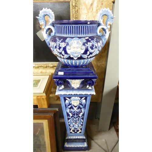 1554 - Large French Pottery Jardinière on Square Tapered Stand, Blue Glazed decorated with Dragon Handles &... 