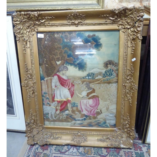 1565 - Antique Framed Panel, figures in landscape, approx 48 x 62cm.