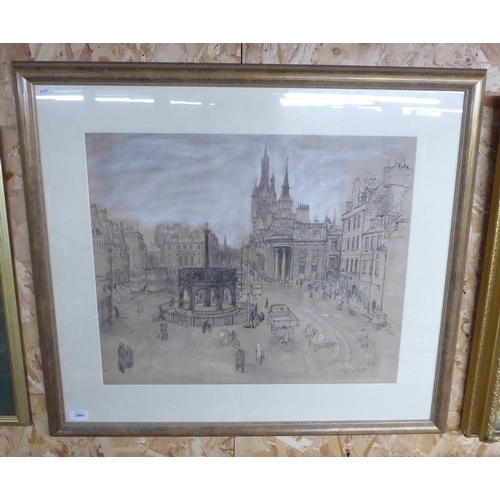 2004 - Framed Sketch - Castlegate Aberdeen, indistinct signature, approx 57 x 48cm.