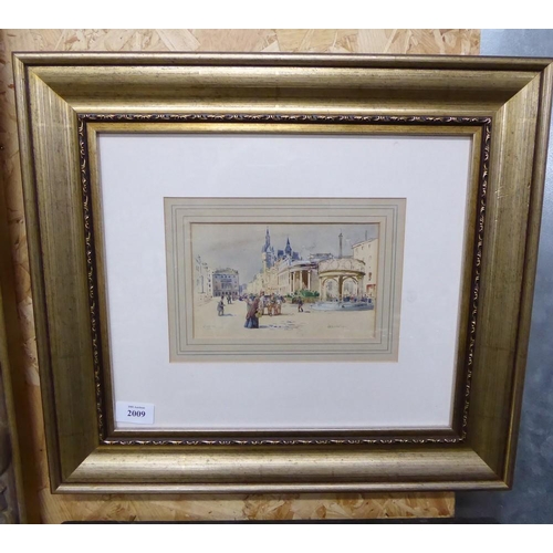 2009 - Framed Watercolour - Castlegate Aberdeen, indistinct signature, approx 18 x 11cm.
