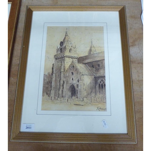 2011 - Framed Sepia Pen & Ink, St Machar's Cathedral by David Small, approx 21 x 30cm.