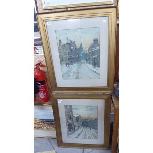 2022 - Pair of Framed Watercolours - Winter Street Scenes by G Burr, approx 36 x 46cm.