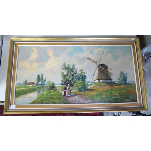 2040 - Large Oil Painting - Dutch Canal Scene, indistinct signature, approx 97 x 48cm.