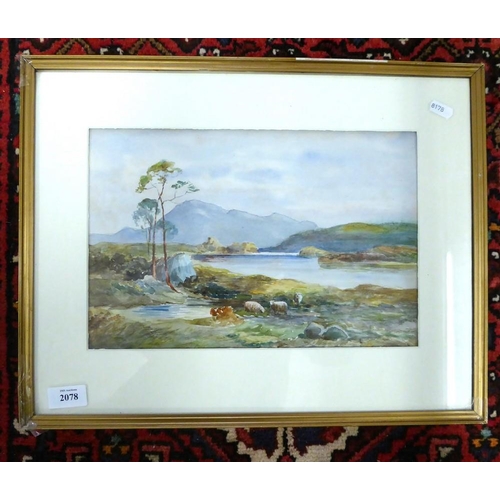 2078 - Framed Watercolour - Highland Landscape with Sheep in Foreground, approx 34 x 23cm.
