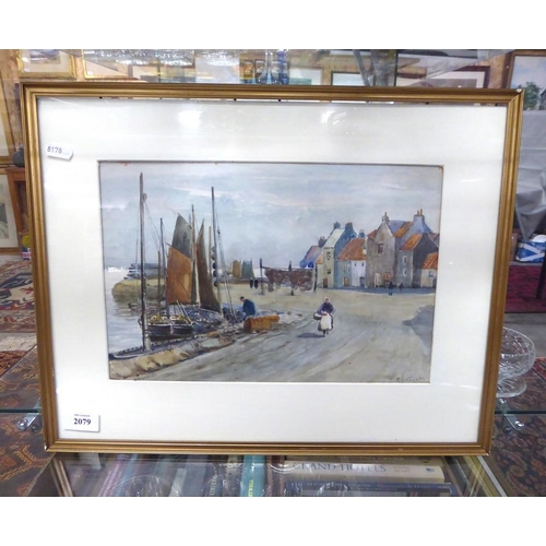 2079 - Framed Watercolour - Pittenweem Harbour, signed R. Stewart, approx 33 x 22cm.