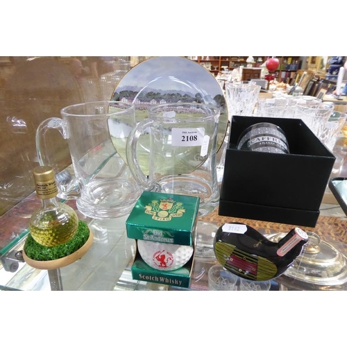 2108 - Golfing Collectables - Glass Tankards, Whisky Miniatures, Plates, etc.