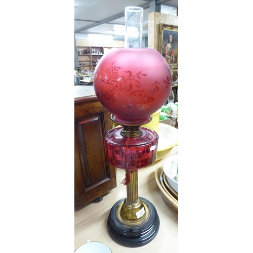 2115 - Victorian Oil Lamp with Cranberry Glass Reservoir and Shade