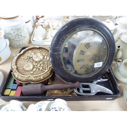 2131 - Tray Lot - Antique Wall Clock, Vintage Building Blocks etc