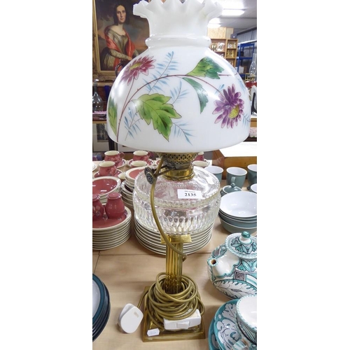 2135 - Electrified Victorian Oil Lamp with Painted Glass Shade.