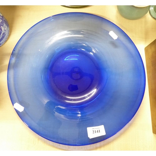 2141 - Blue Studio Glass Shallow Bowl - approx 34cms in Diameter