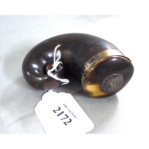 2172 - Antique Horn Snuff Mull, the lid with silver engraved Plough decoration.