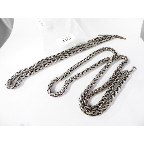 2413 - Two White Metal Pocketwatch Guard Chains.