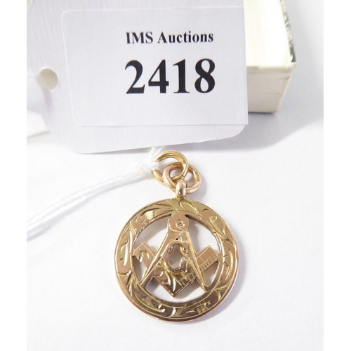 2418 - 9ct Gold Masonic Fob, approx 5.5g