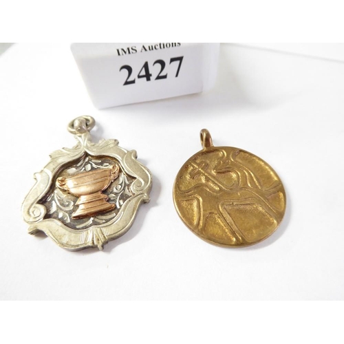 2427 - Copper Icene Horse Pendant & Silver Sports Medal.