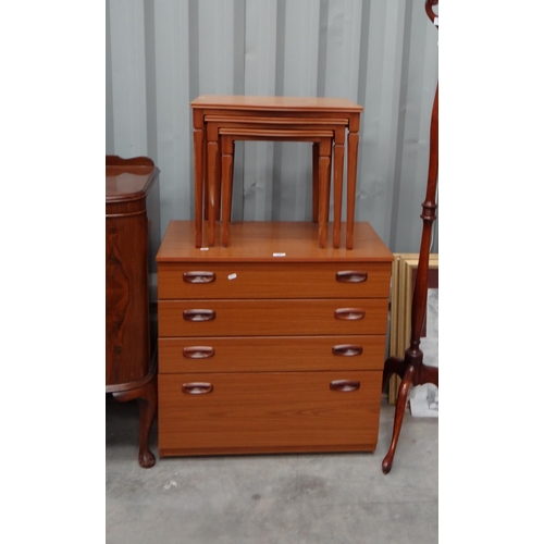 3024 - Four Drawer Chest and Teak Nest of 3 Tables